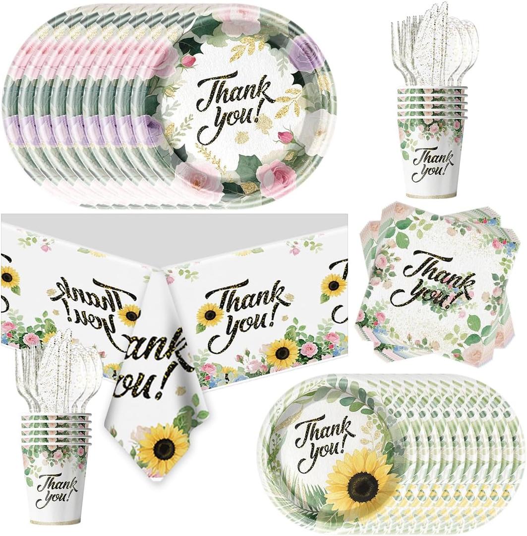 81-Piece Floral & Sunflower Disposable Party Supplies Set - All-in-One Thank You Tableware for Baby Shower, Birthday & Bridal Shower