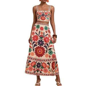 Womens Printed Skirt Outfits Floral Halter Crop Top A Line Maxi Skirt Casual Going Out Sets (Red Green) XX-Large