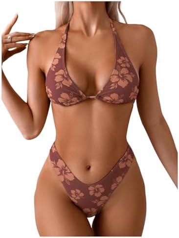 MakeMeChic Women's Halter Triangle Thong Bikini Sets High Cut Swimsuit Bathing Suit Swimwear, Medium