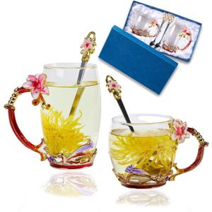 Tea Cup Glass Coffee Mugs,Fancy Tea Cup Set Birthday Christmas Valentine's Day Gift Idea for Tea Lover and Women Novelty Coffee Mugs Lily Flower Enamel Tea Cup with Spoon (Pink)