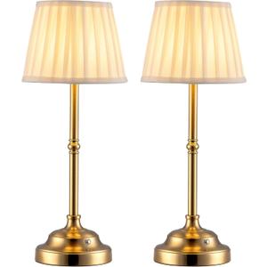 KDG Cordless LED Table Lamp Set of 2, Portables Fabric Shade Desk Lamps, 4000mAh Rechargeable Battery Powered Lighting, Dimmable Light for Dining Room, Bedroom, Bedside, Night Light, Balcony (Gold)