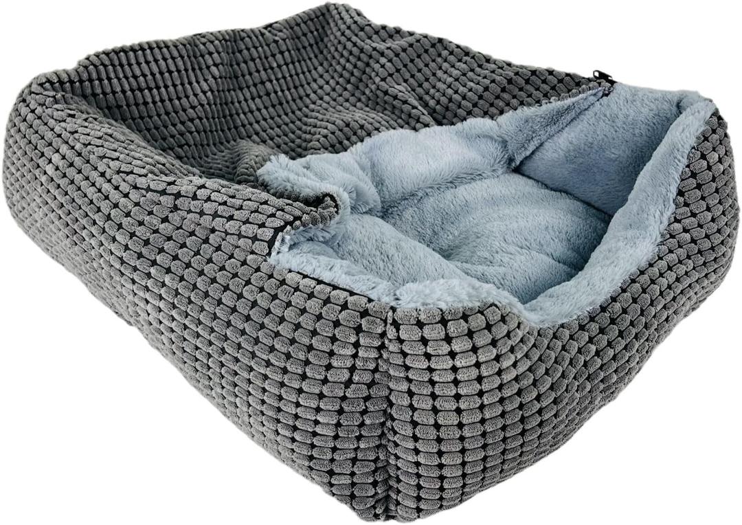 Dog Beds for Up to 20 lbs Dogs, Small Rectangle Puppy Beds Featuring Cave Hooded Blanket & Non-Slip Bottom, Comfy Anti-Anxiety Pet Beds for Dogs, Warm and Machine Washable (20 inches, Grey)