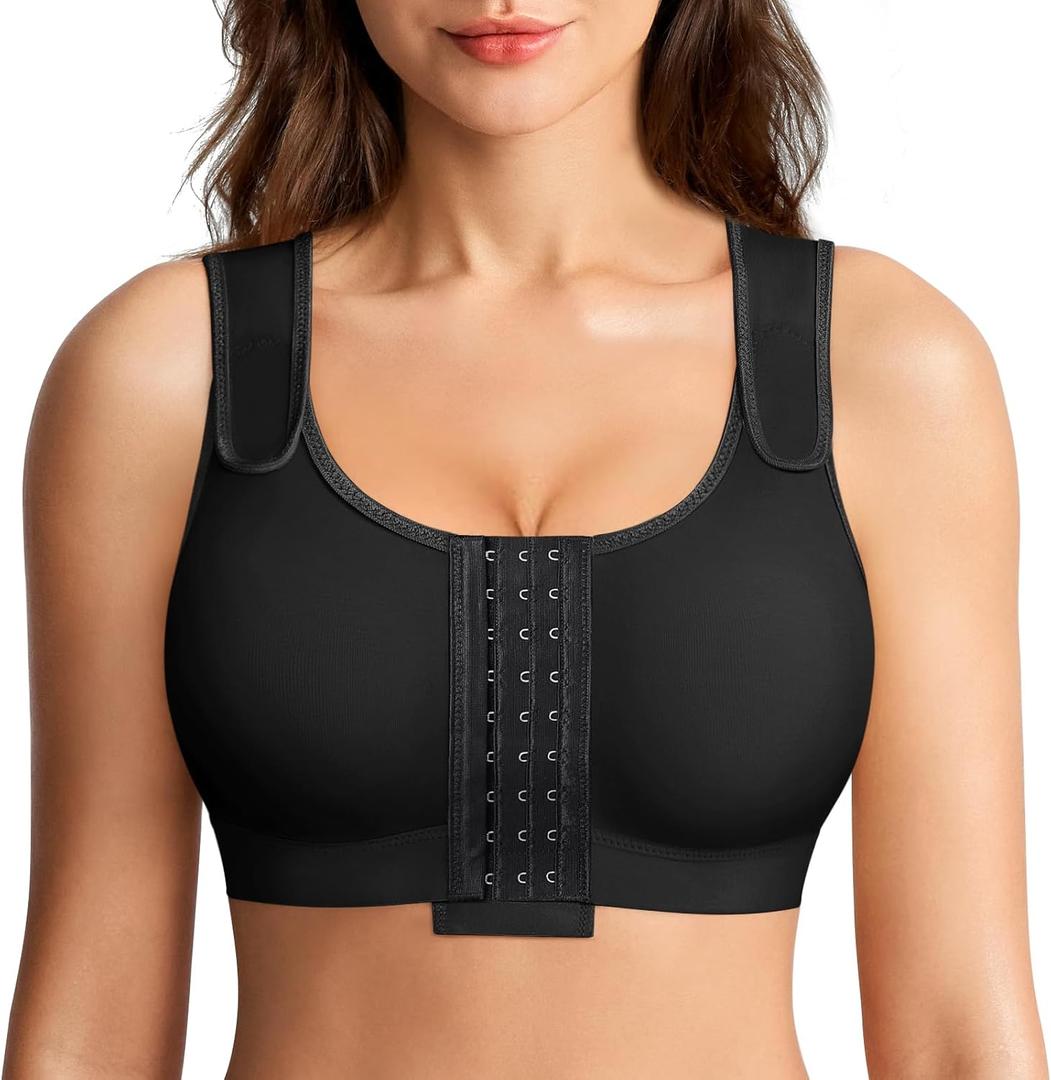 BRABIC Post Surgery Compression Bras for Women Front Closure Mastectomy Bra with Wide Adjustable Straps Wirefree (Large, Black)