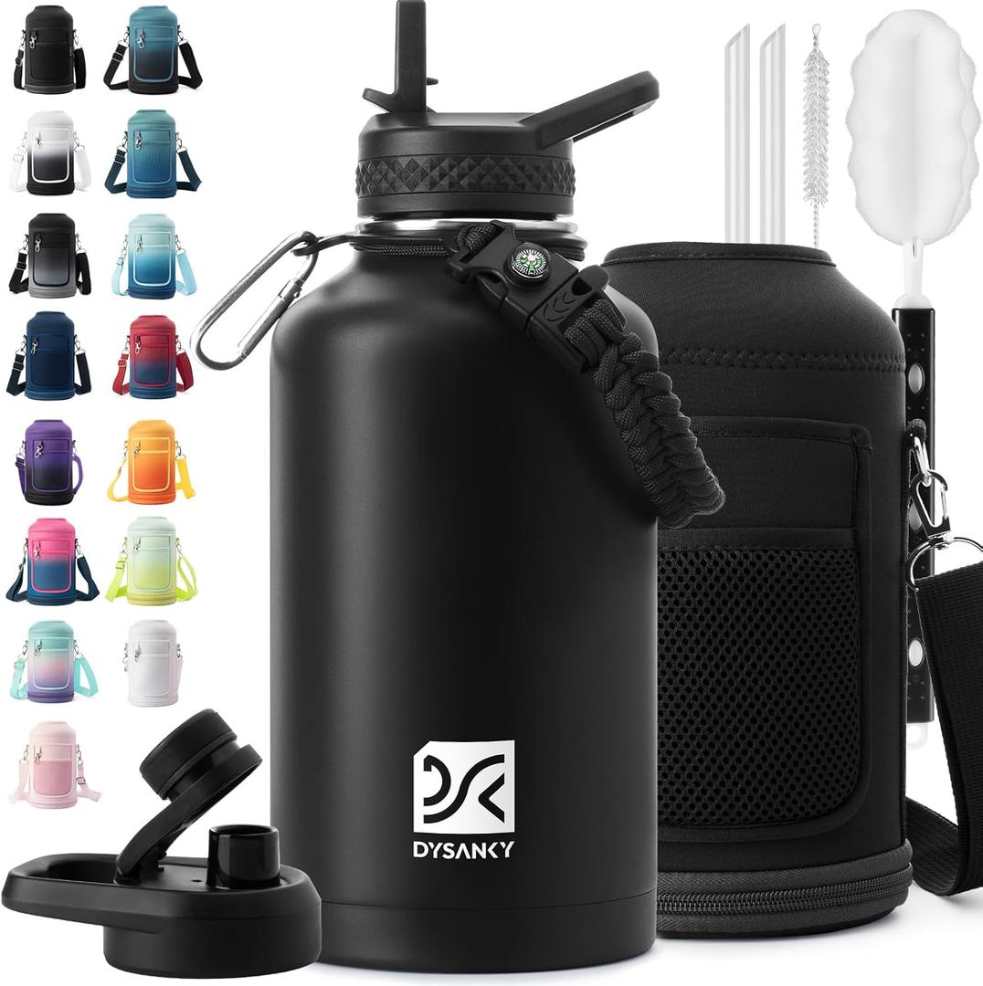 Insulated Water Bottle | Thickened Stainless Steel Vacuum Metal Thermos | Portable Sports Half Gallon Large Water Jug for Gym and Hiking with Straw, Carrier Bag, Handle Strap | BPA-Free 64 oz (Advanced Black)