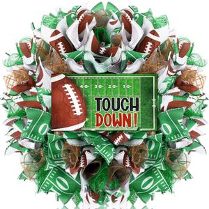 Daifunli Football Wreath 16 Inch Touch Down Green Wreath for Front Door Football Party Favors Decorations Ribbon Mesh Linen Sign for Game Day Sport Theme Door Decoration for Birthday Party