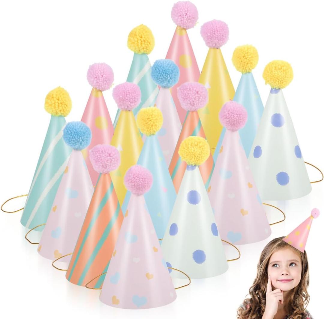 16pcs Birthday Party Cone Hats for Kids: 7 inch Pom Poms Party Supplies & Decorations Paper Colorful Hat for Toddler Girls Boys Baby Shower Photo Props
