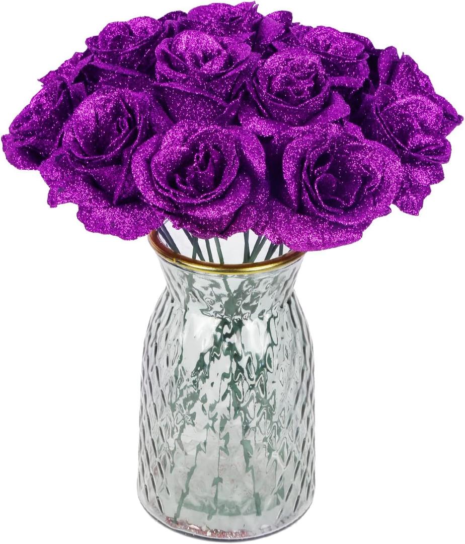 30PCS Purple Glitter Roses Artificial Flowers Faux Roses with Stems for DIY Crafts Wedding Bouquet Party Home Decor(Purple)