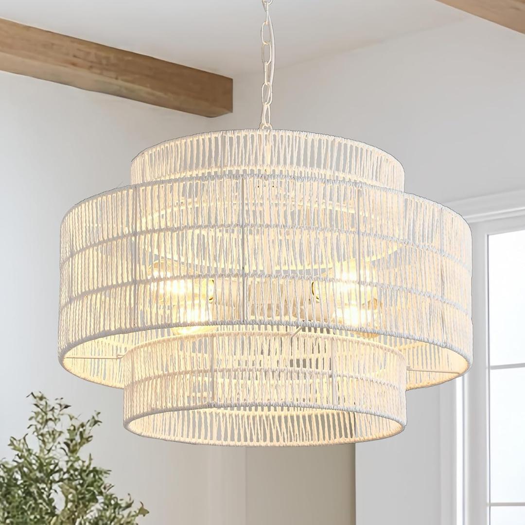 3-Tier Large White Rattan Chandeliers, 23.6in Boho Coastal Pendant Lights, Woven Hemp Rope Lighting Fixture, Wicker Hanging Ceiling Light for Living Room, Dining Room, Bedroom, Kitchen Island
