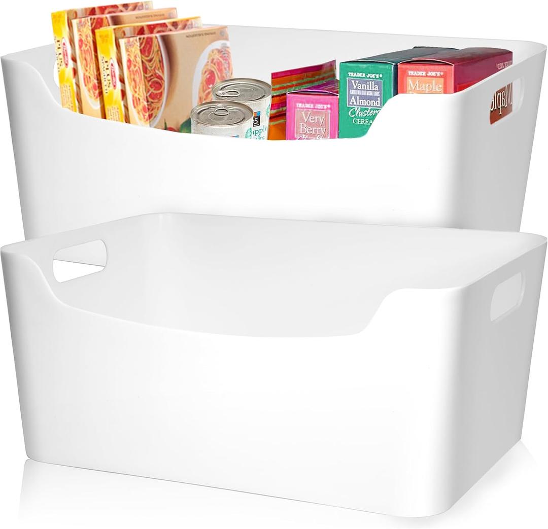 FINESSY White Plastic Storage Bins for Shelves, Small Closet Kitchen Storage Containers for Pantry Bathroom Office Organization Baskets, Cabinet Organizing Containers, White Organizer Bins for Shelves, 2 Packs