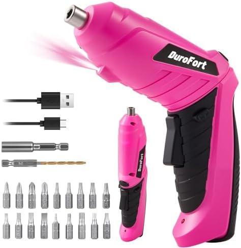 Durofort Pink Cordless Electric Screwdriver Set, 3.7V Rechargeable Small Electric Drill with 25pcs Driver Bit Set, Power 3Nm Screw Gun with 2 Position Handle, Flexible Shaft LED Light for Women