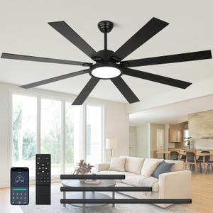 72 inch Ceiling Fans with Lights and Remote Control，Indoor/Outdoor Large Modern Ceiling Fan with 8 Blades, 3CCT, 6-Speed,Black Ceiling Fan for Patios/Garage/Shop/Living Room