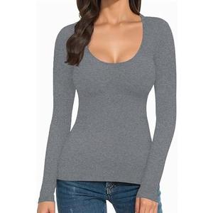 Olankaro Women's Top Scoop Neck Thermal Underwear Shirts Soft Long Sleeve Slim Fit T Shirt Base Layer(Grey,Medium)