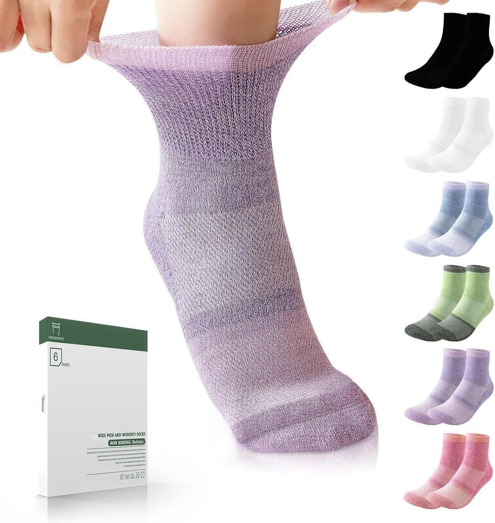 Bulinlulu Bamboo Viscose Diabetic Socks for Women&Men,6 Pairs Non Binding Diabetic Ankle Socks,Wide Socks (Large, Pale Purple/Purple/Green/Orange Red/Black/White)