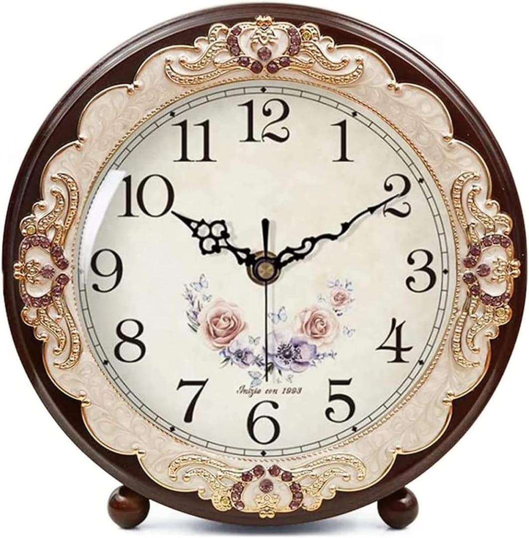 Justup Vintage Wooden Table Clock, Retro Non-Ticking European Style Beside Mantle Desk Clock Battery Operated Silent Quartz Movement for Bedroom Living Room Indoor Decor (Purple)