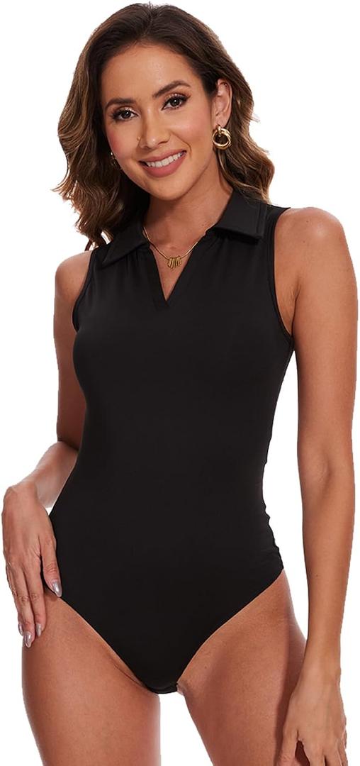 SHAPERIN Women Long Sleeve Bodysuit V Neck Polo T-shirt Basic Top Collared Body Suit Jumpsuit M