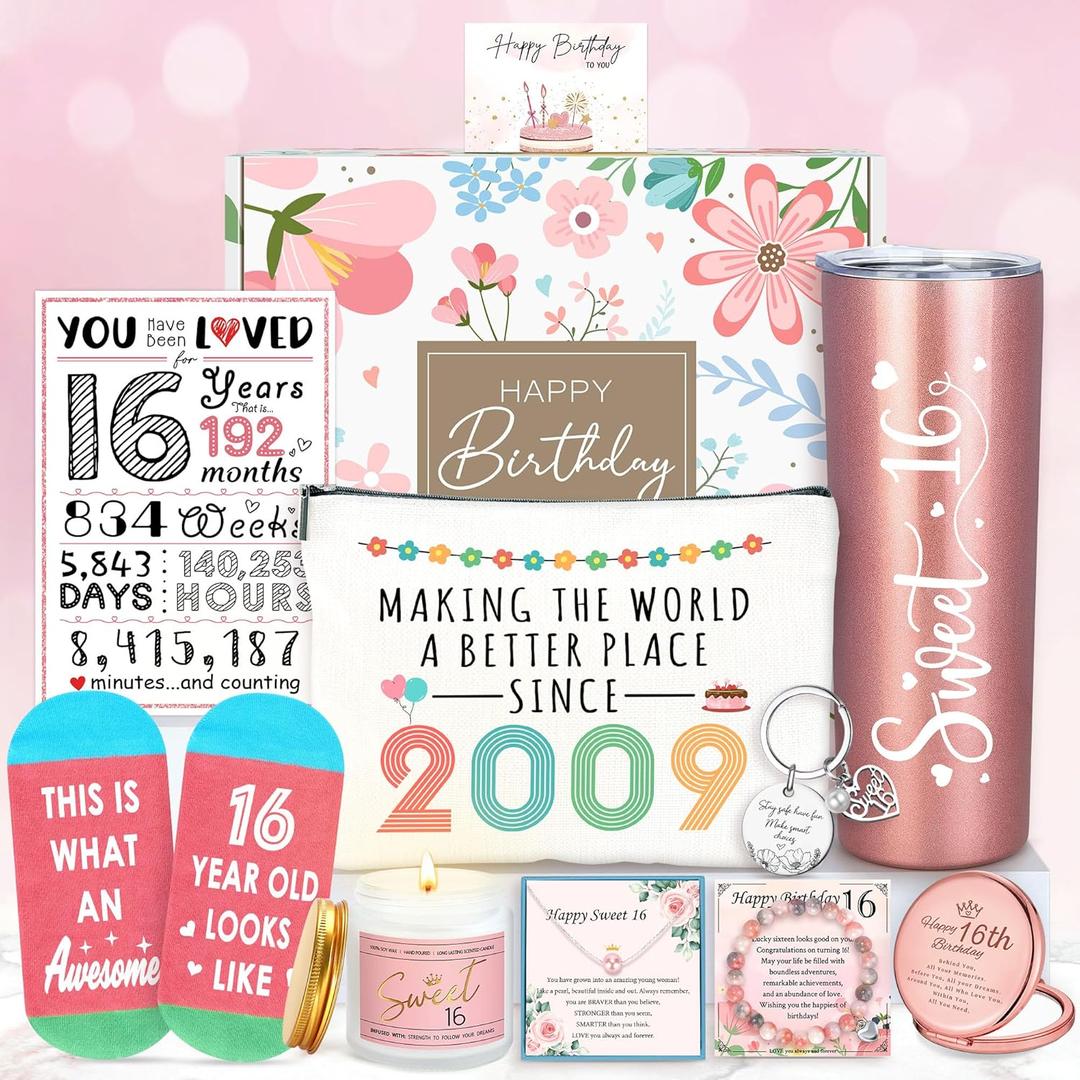 Sweet 16 Gifts for Girls Happy 16th Birthday Gifts for Girls Sweet Sixteen Gift for 16 Year Old Girl Trendy 2025 Pink 16 Year Old Girl Birthday Gift Ideas 16th Decoration for Granddaughter, Daughter