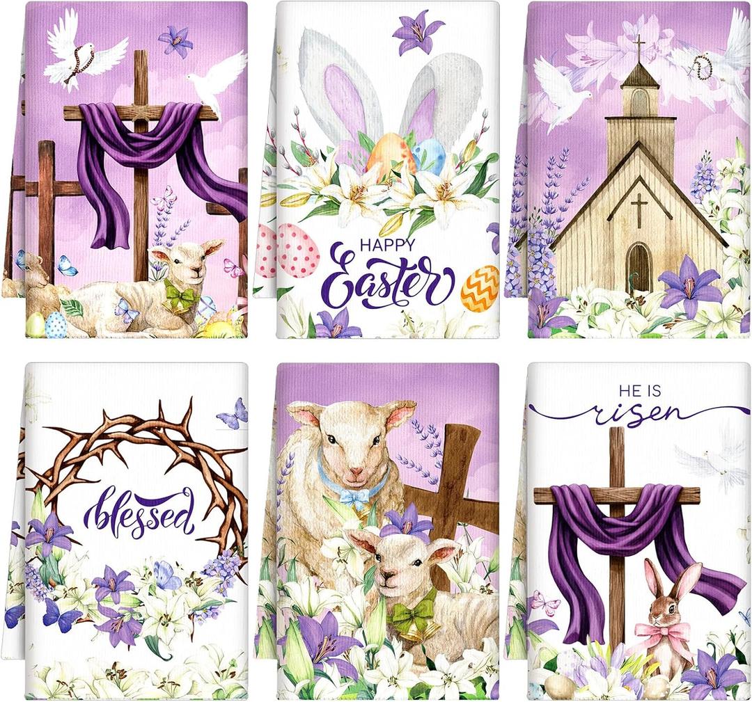 Breling Set of 6 Happy Easter Kitchen Towels Religious Dish Towel Bathroom Decorative Christian Lily Cross Thorny Cloths Easter Decorations for Home Decorations Spring Gift, 14 x 21 Inch (Purple)
