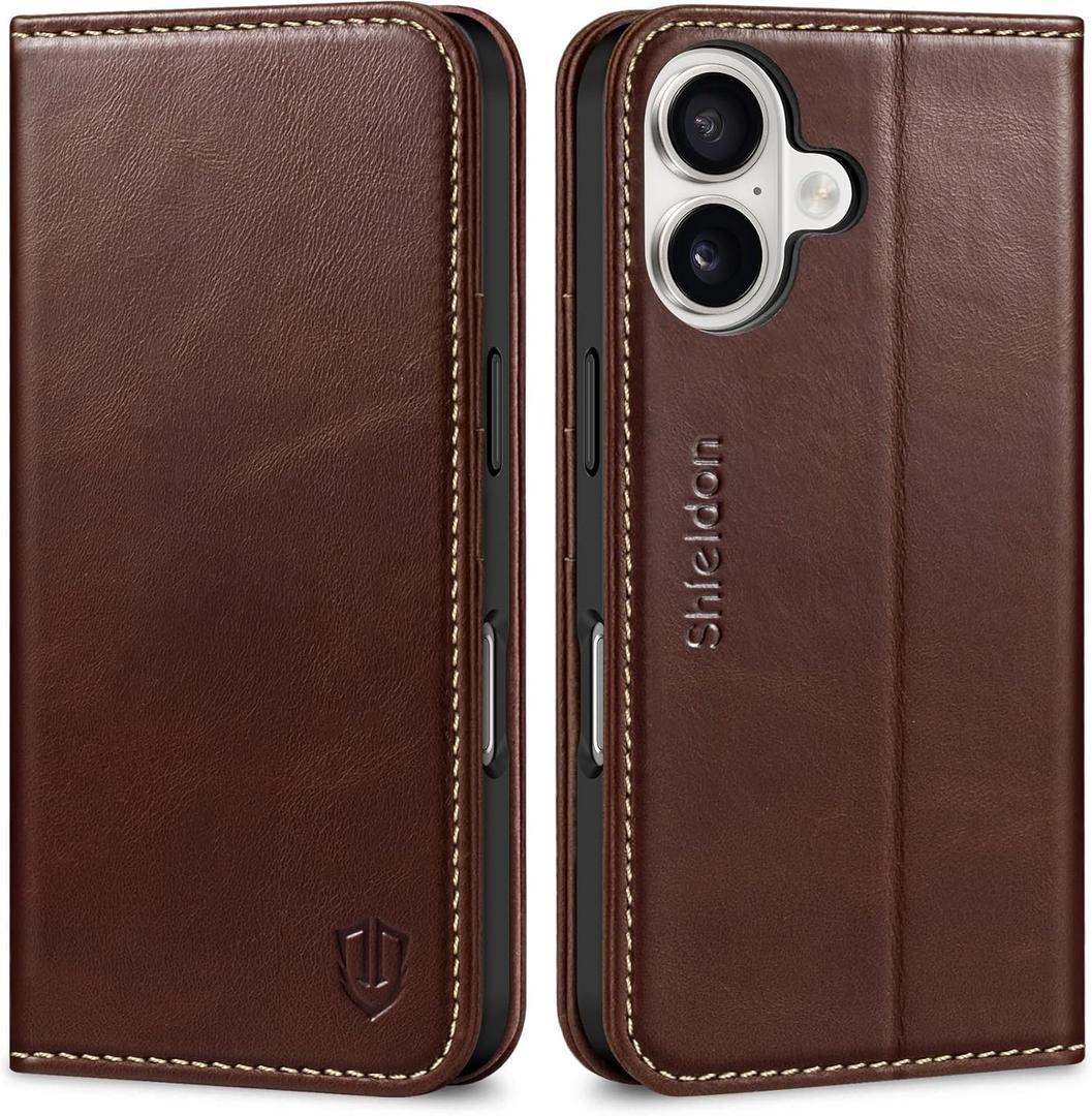 SHIELDON Case for iPhone 16 5G, Genuine Leather Foldable Wallet Magnetic Cover Kickstand RFID Blocking Credit Card Holder Shockproof Phone Case Compatible with iPhone 16 6.1" 2024 - Retro Coffee