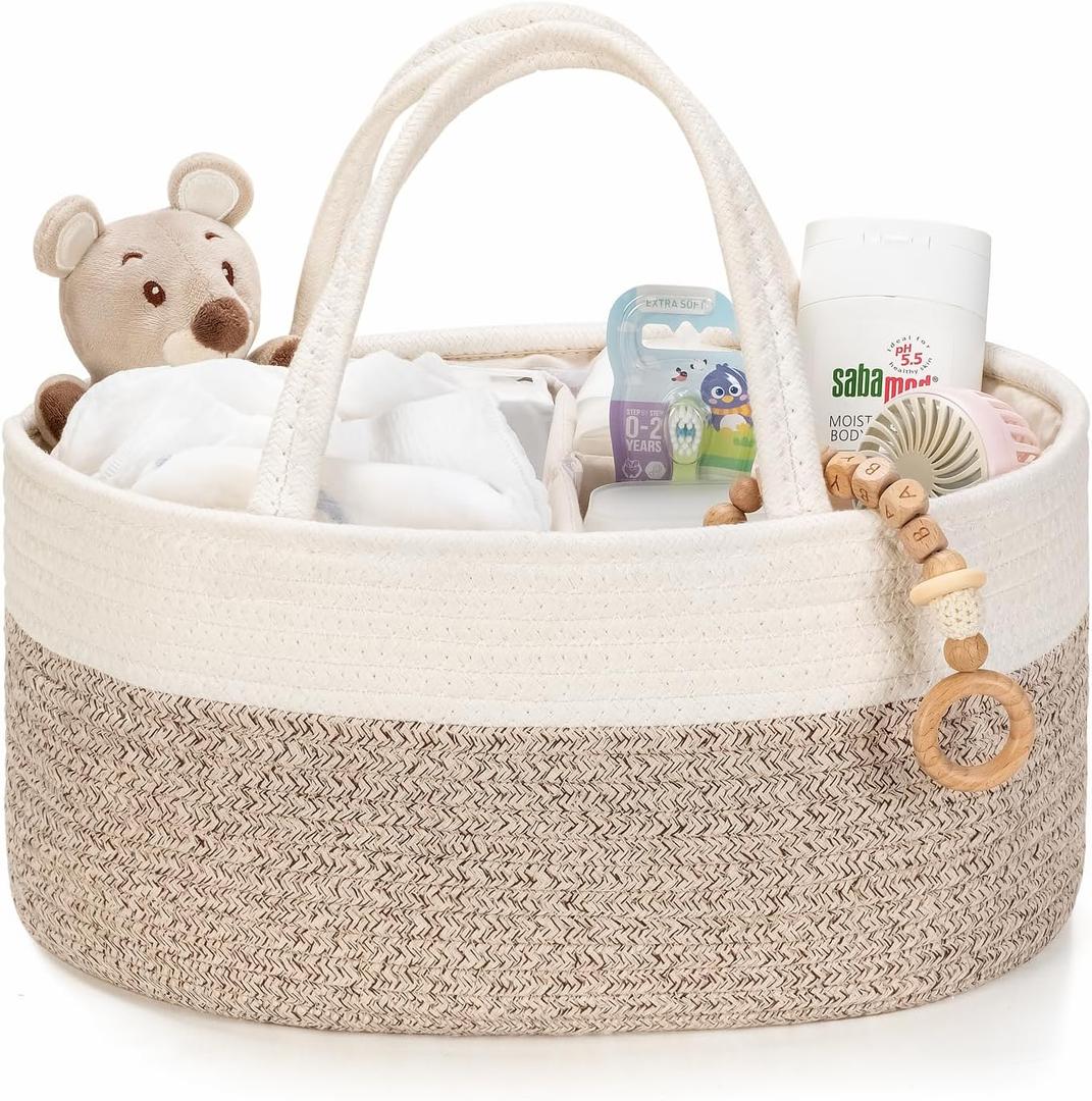 Diaper Caddy Organizer, Empty Gift Basket for Newborn Essentials, Baby Storage Basket, Stylish Gift Bag for Baby Shower, Boys and Girls  Small, White and Beige Brown (Small - 14.2"L x 8.7"W x 7.1"H)