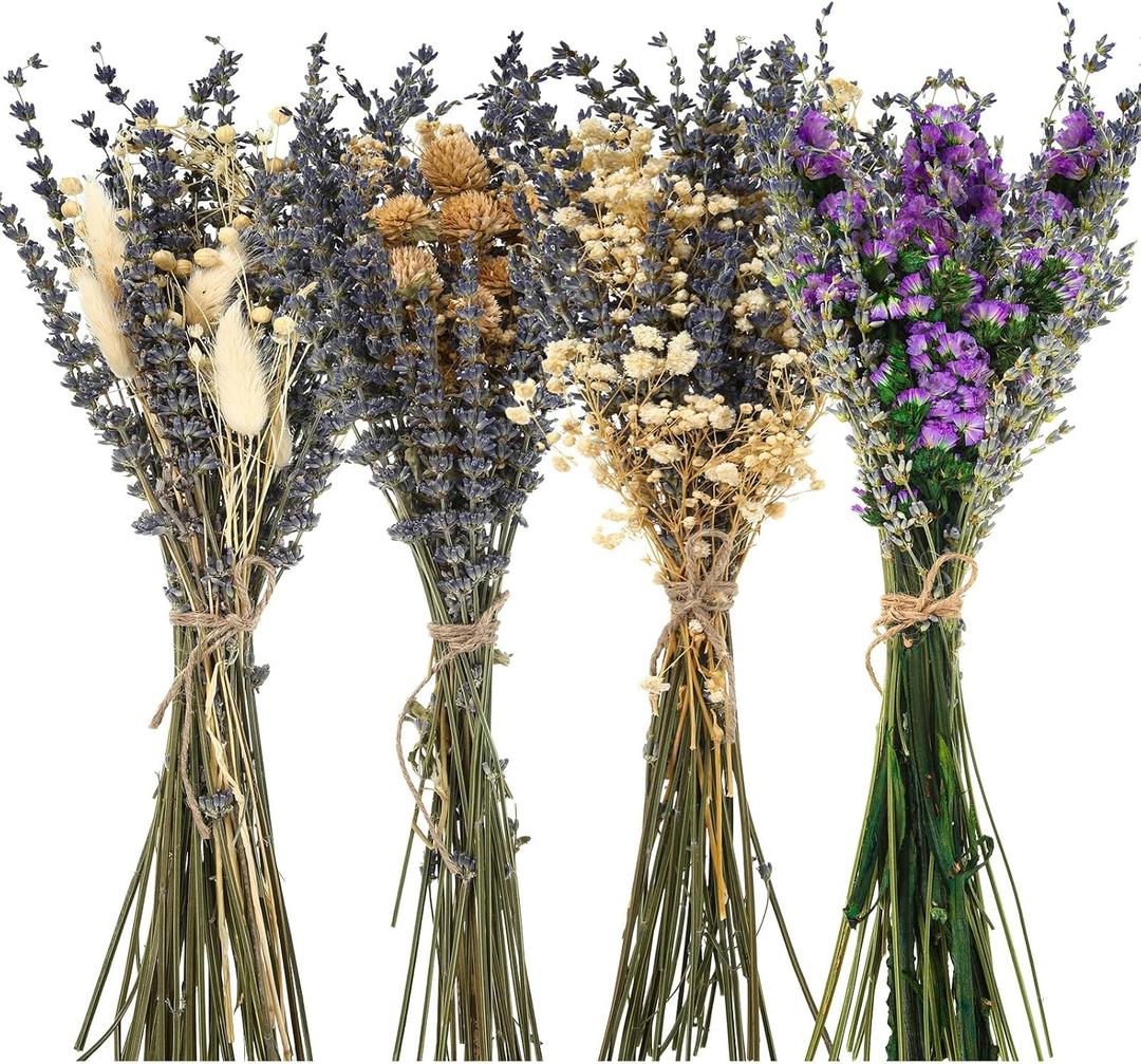 Layhit 4 Pack Large Size Boho Dried Flower Bouquet 15-17 Inch Wedding Handmade Dry Flowers for Vase Crafts DIY Photo Boutonniere for Men Floral Plant for Bridesmaid Gift Birthday Decor(Lavender)