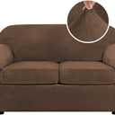 H.VERSAILTEX Real Velvet Plush 3 Piece Stretch Sofa Covers Couch Covers for 2 Cushion Couch Loveseat Covers Width Up to 72 Inch Thick Stay in Place (Medium Sofa, Caramel Cafe)
