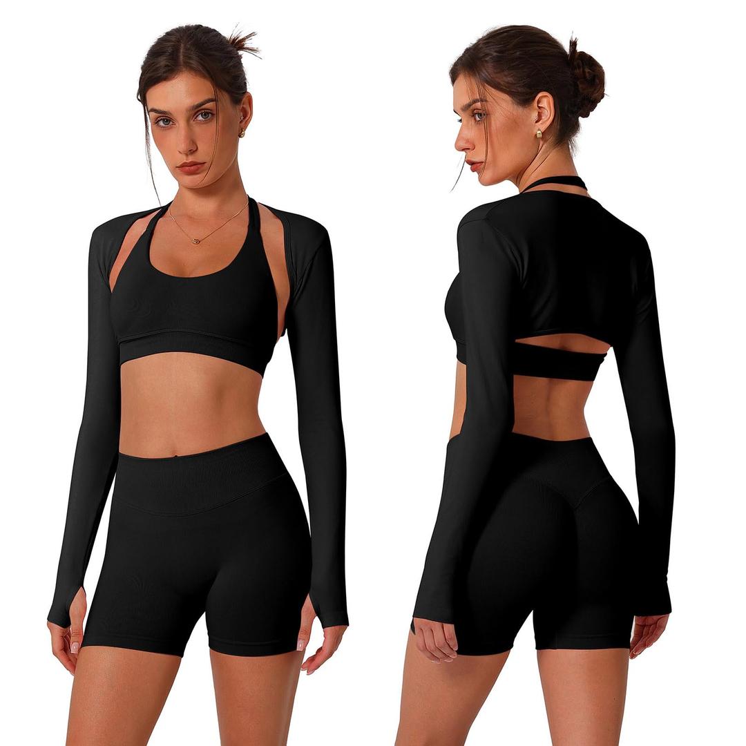 ABOCIW 2 Piece Workout Sets for Women Seamless Halter Sports Bra High Waist Biker Shorts Long Sleeve Bolero with Thumb Hole (M)