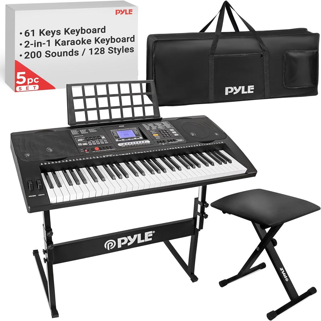 Pyle 61-Key Digital Karaoke Keyboard Piano  Portable Electronic Music Keyboard with Stand, Stool, Mic Input, Stereo Speakers, Record & Playback, Teaching Functions & Case Bag