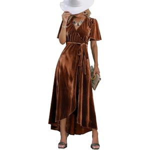 BerryGo Women's Velvet V Neck Wrap Semi Formal Dress Cocktail Party Maxi Dress for Wedding Guest (4-6, Z Velvet Burnt Orange)