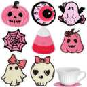 2 x SiliFine 17 Pcs 4 Inch Pink Halloween Punch Needle Coaster Cute Embroidery Ghost Candy Corn Pumpkin Skull Bat Eyeball Spider Web Coaster for Home Office Party Decor Table Decoration