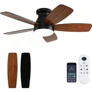 42inch Ceiling Fans with Lights, Low Profile Ceiling Fan with Light and Remote Control, Flush Mount, Reversible DC Motor, Dimmable, Noiseless,Brown Small Ceiling Fan for Bedroom Indoor/Outdoor