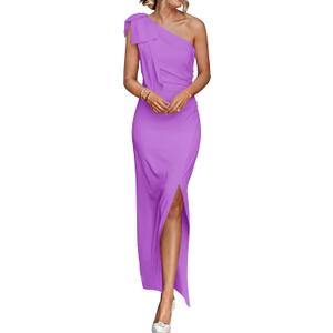PRETTYGARDEN Women's Summer One Shoulder Long Formal Dresses Sleeveless Ruched Bodycon Cocktail Evening Slit Maxi Dress (Bright Purple, Small)