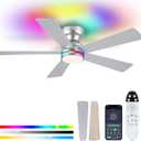 RGB Ceiling Fans with Lights, 46" Flush Mount Ceiling Fan with Remote APP, RGB+3CCT Dimmable Led Light, Reversible 6 Wind Speeds&2H Timer, Low Profile Modern Fan Light Fixture for Bedroom Party Silver