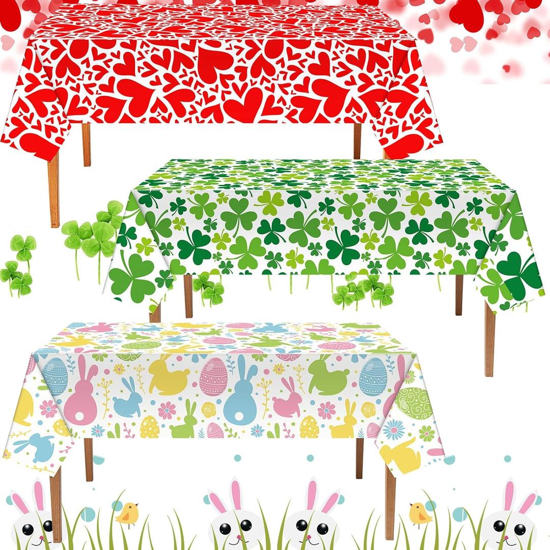 SmoothNovelty 3 Pcs Valentine's St. Patrick's Easter Vinyl Tablecloth 108 x 54 Inch Heart Rectangle Tablecloth Disposable Plastic Shamrocks Clover Egg Table Cover Waterproof Print for Party Supplies