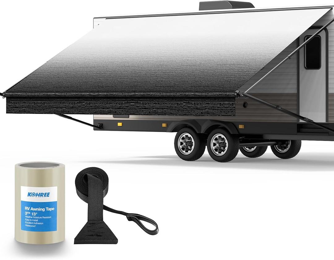Kohree 20' Rv Awning Fabric Replacement, 19oz Weatherproof Durable Heavy Duty Anti-Fading RV Awning Canopy with Pull Strap, Camper Canopy for Trailer, Motorhome, Black Fade, (Fabric 19'2")