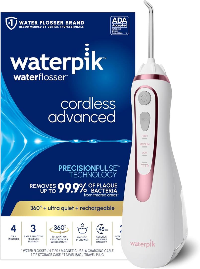 Waterpik Cordless Advanced 2.0 Water Flosser For Teeth, Gums, Braces, Dental Care With Travel Bag and 4 Tips, ADA Accepted, Rechargeable, Portable, and Waterproof, Rose Gold WP-589