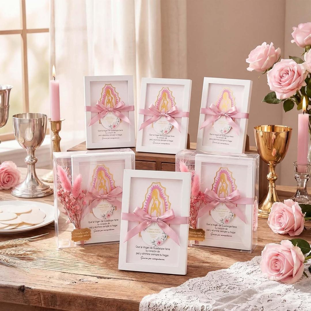 12 Pcs Baptism Favors Our Lady of Guadalupe Frame, Girls First Communion Gifts Recuerdos De Bautizo Photo Frame Pink Bautizo Centerpieces, Catholic Religious Keepsake Nia Primera Comunion Souvenirs