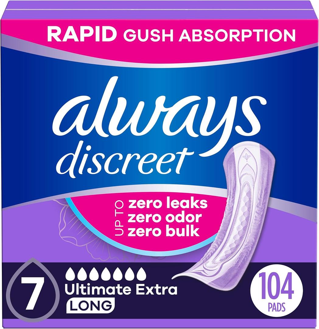 Always Discreet Adult Incontinence Pads for Women, Ultimate Extra Absorbency, Long Length, Postpartum Pads, 104 Count (4 Packs of 26) (7-drop)