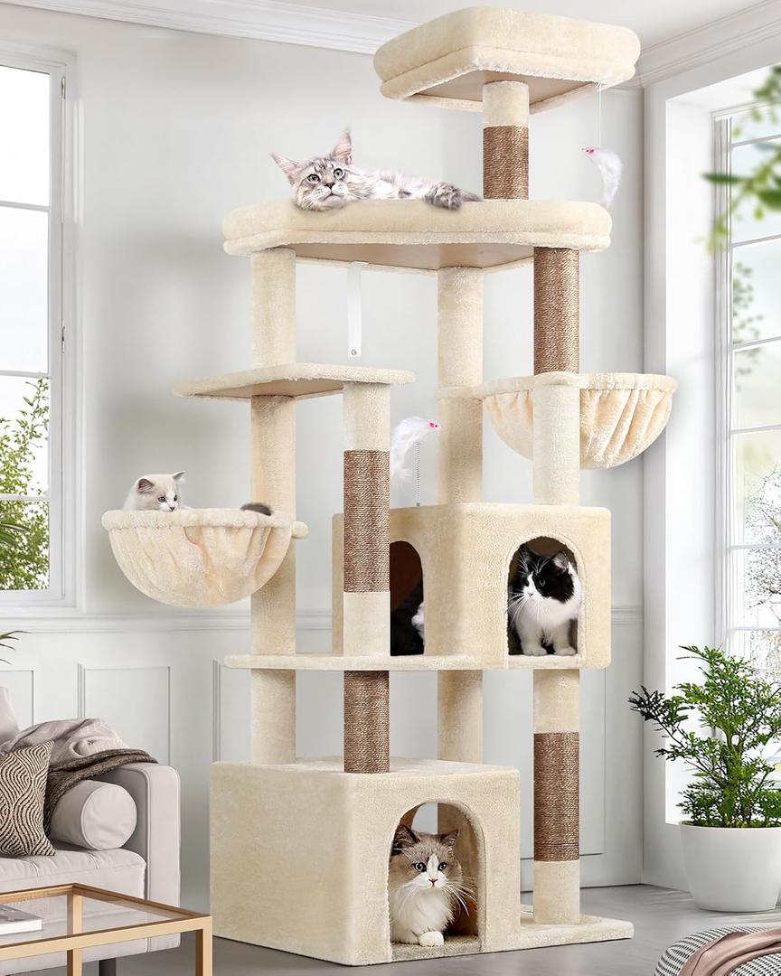 Globlazer Sturdy Cat Tree, 68-inch Large Cat Tower for Indoor Adult Cats 20 lbs Heavy Duty Cat Tree for Big Cats with Extra Large Platform, 5 Scratching Post, S68, Beige