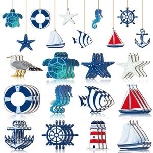 Tradder 36 Pcs Beach Wooden Ornaments for Tree Nautical Hanging Decorations Wood Beach Tree Ornaments Mini Anchor Sea Life Starfish Sailboat Coastal Decor for Summer Home Fishing Net Craft Sailor Gift