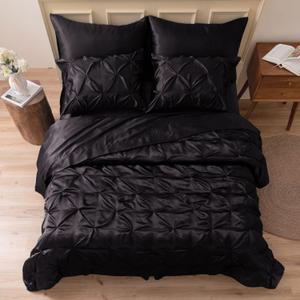 MR&HM Satin Comforter Queen 7 Pieces - Luxurious Pinch Pleat Bedding Set with Comforter, Flat Sheet, Fitted Sheet, Pillowcases & Shams, Super Silky Soft Bed Set for All Season (Queen, Black)