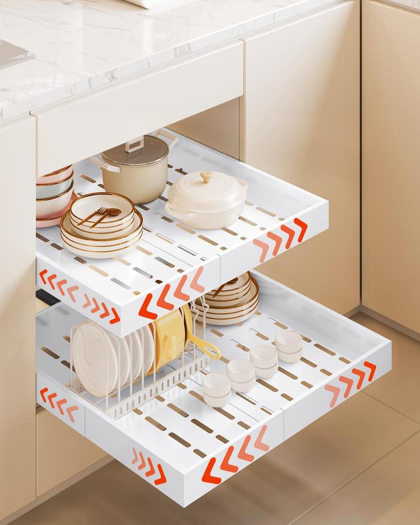 CHOSHOME Pull Out Cabinet Organizer, 4 Sides Expandable (Depth 13.4"-21", Width 12.4"-18") Slide Out Drawer for Kitchen Cabinets, Pantry (White (Pack of 2))
