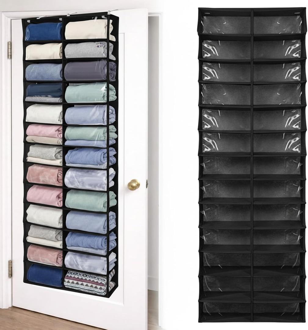 Sweatshirt Storage Hanging Organizer 26 Clear Pocket Hanging Sweatshirt Rack Holder Pockets Wall Shoes Bag Portable Closet Wardrobe for Closet Storage Men Women Handbags (Black)