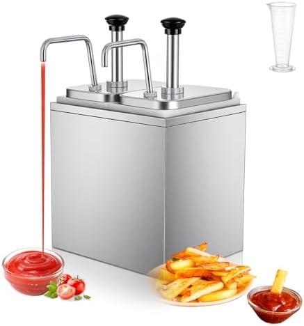 WELKOR Stainless Steel Ketchup Pump Dispenser - Commercial Condiment Pump with Measuring Cup, Large Capacity for Sauce, Honey, Syrup, Mustard, Cheese(2 Pump Head, 3.17 Quart Each)