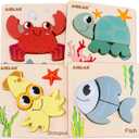Wooden Puzzles for Toddlers Ocean Animals Montessori Toys Year Old Baby Girl Boy Gifts Educational Learning Bright Color Chunky Shape Puzzle Pack of 4