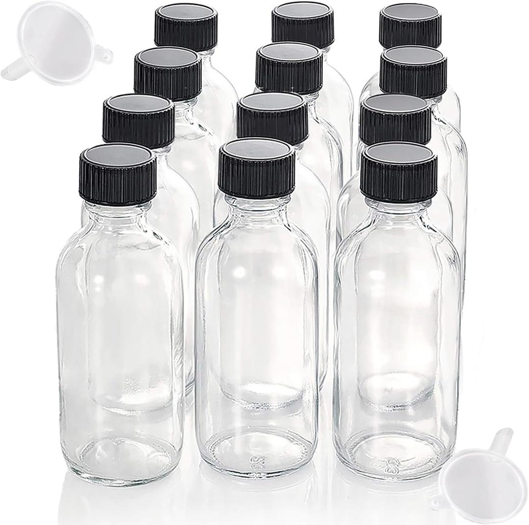 DIDITIME 12 Pack Shot Bottles with Caps, 2 oz Glass Jars with Lids, Wellness Shots Glass Bottle Reusable Bottles for Ginger, Juice, Oil, Wellness Shot, Hot Sauce