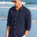 BAYAMO Men's Button-Down Striped Shirts Casual Long Sleeve Cotton Linen Collared Shirts Fashion Business Dress Shirt Navy XL (XL)