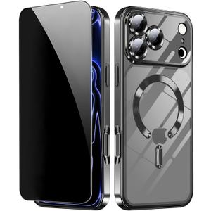 Magnetic for iPhone 17 Pro Case with Privacy Screen Protector & Full Camera Cover Compatible with MagSafe Shockproof Slim Clear Back Phone Case for iPhone 17 Pro Glossy Cover,Black