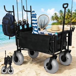 Fishing Cart Beach Wagon for Sand, Heavy Duty Foldable Beach Cart, 9" All-Terrain Wheels, Collapsible Wagon with Rod Holders & Side Pockets, Large Capacity Cargo for Fishing, Camping, Outdoor (Black)