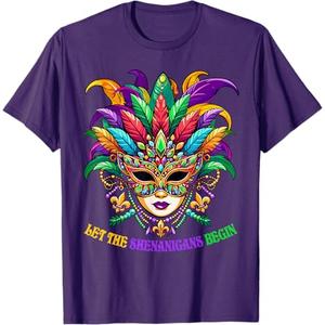 Let The Shenanigans Begin Mardi Gras Jester Mask Beads Women T-Shirt, M, Purple 
