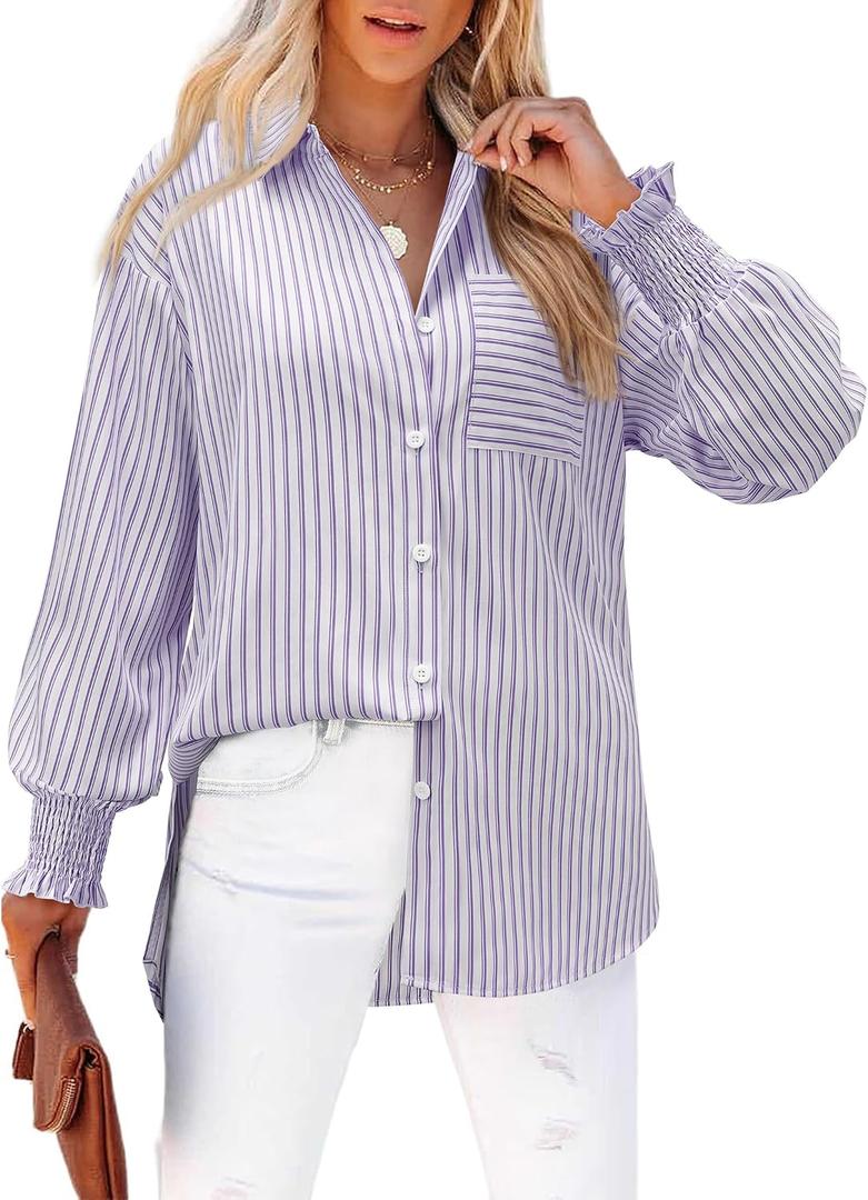 siliteelon Lavender Striped Button Down Shirts for Women Long Sleeve Blouses Collared Smocked Cuff Boyfriend Plus Size Business Casual Tops Pocket (White, S)